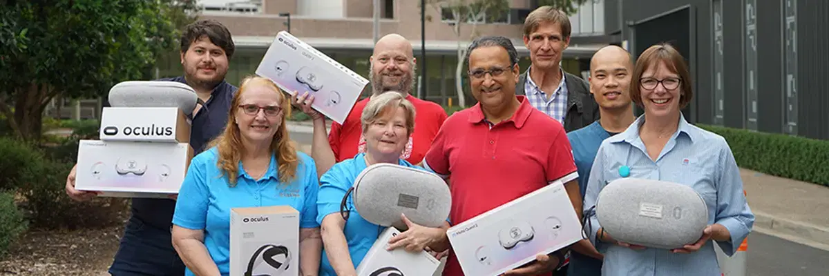 The Mobiddiction team holding Meta Quest headsets donated to Nepean Hospital